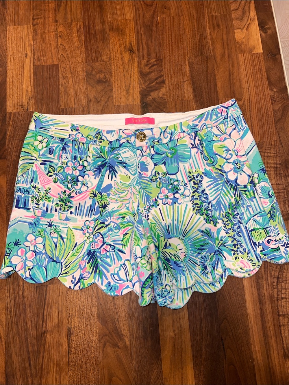 Lilly Pulitzer Buttercup Scallop-Hem Floral Resort Shorts — Blue, Green, Pink 10